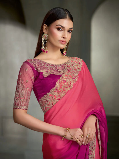 Peach-Pink Embroidery Border Saree