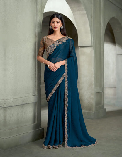Deep Blue Embroidery Border Saree