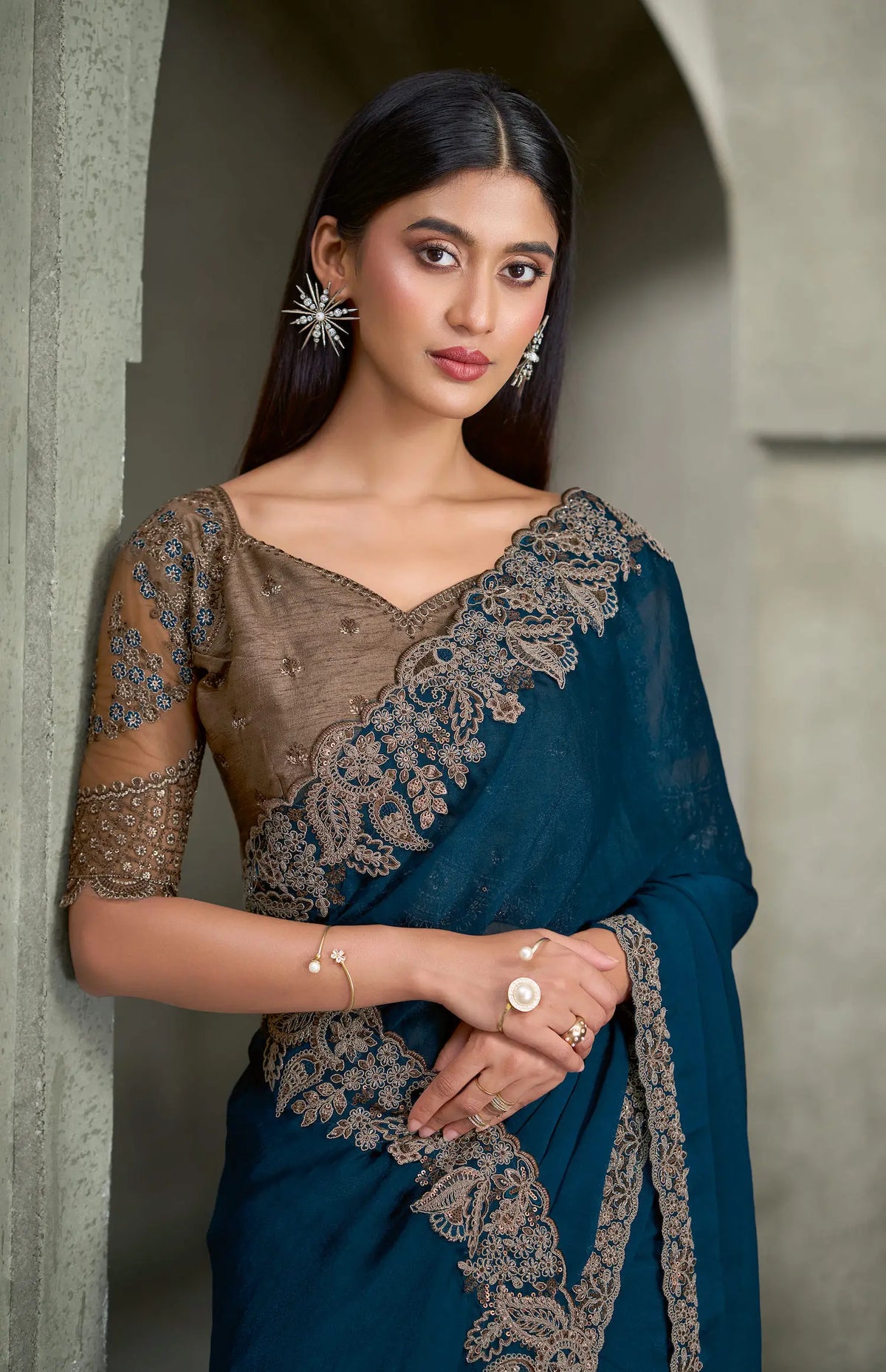 Deep Blue Embroidery Border Saree