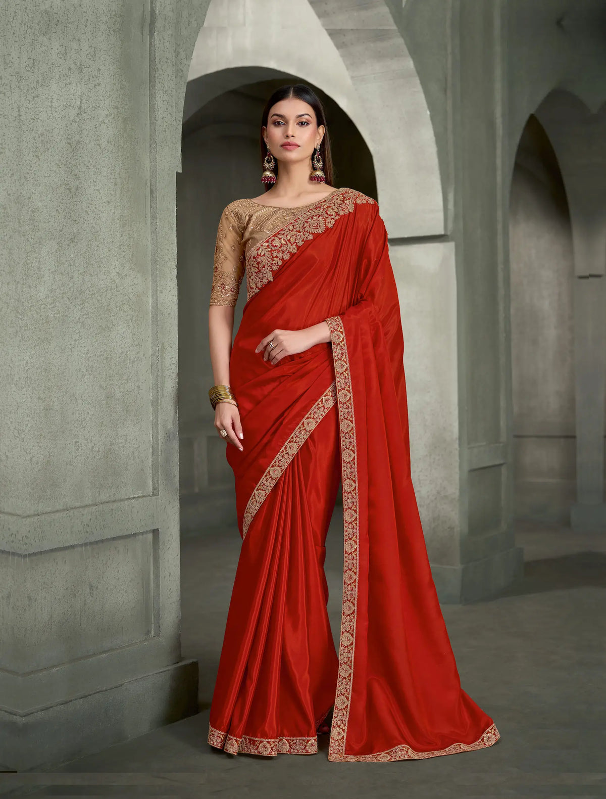 Rust Orange Embroidery Border Saree