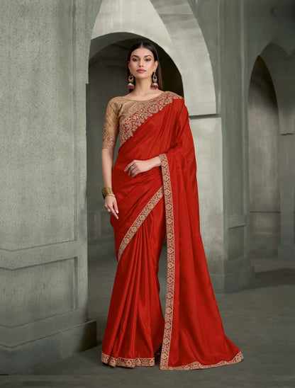 Rust Orange Embroidery Border Saree