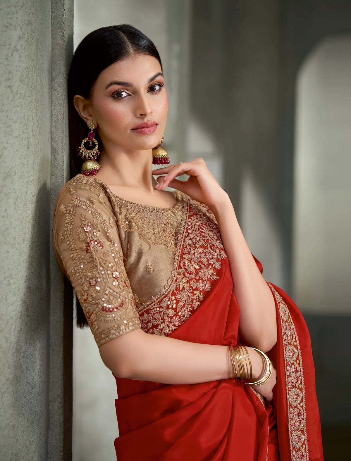 Rust Orange Embroidery Border Saree