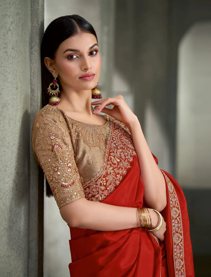 Rust Orange Embroidery Border Saree