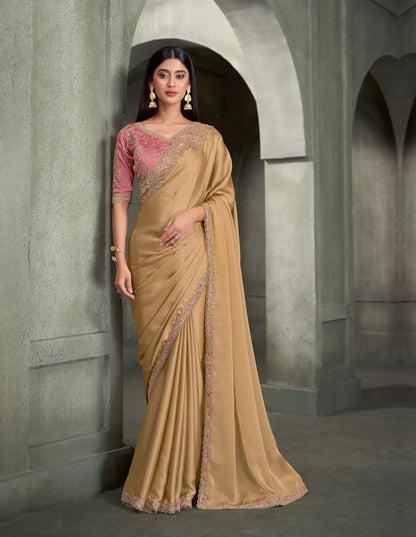 Golden Beige Embroidery Border Saree