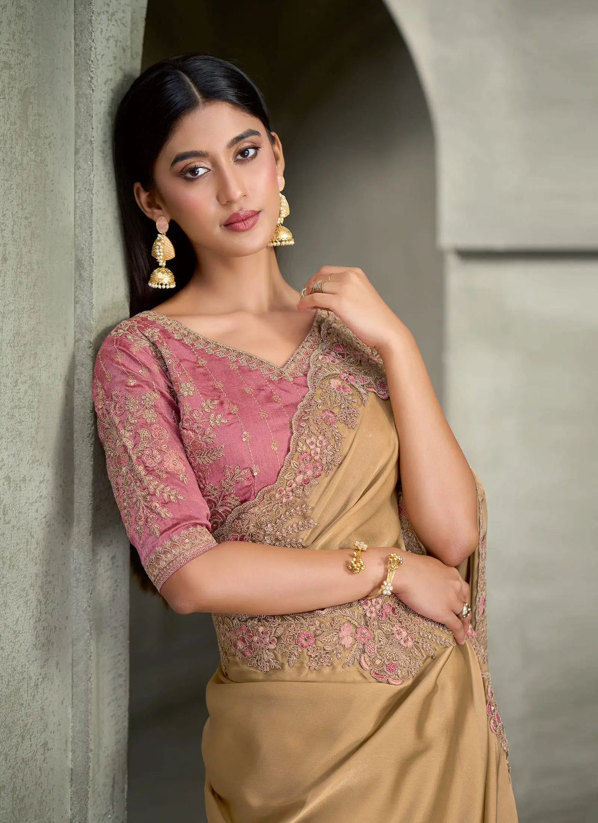Golden Beige Embroidery Border Saree