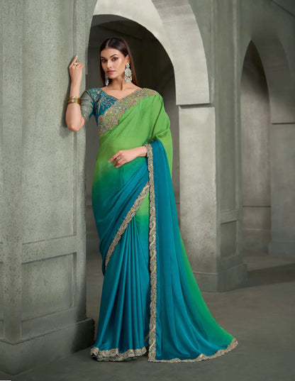 Green-Blue Embroidery Border Saree