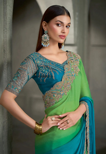 Green-Blue Embroidery Border Saree