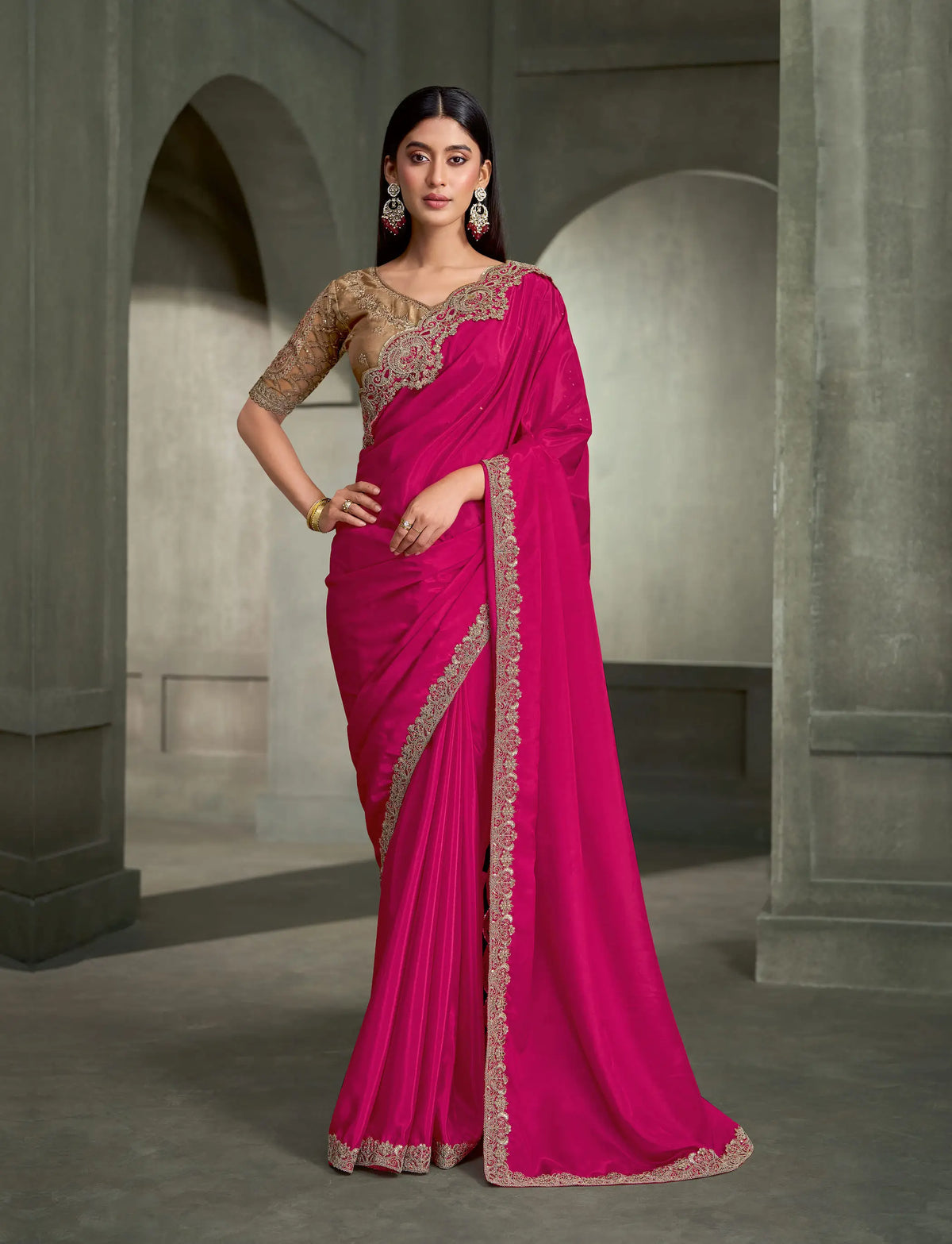Hot Pink Embroidery Border Saree