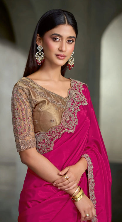 Hot Pink Embroidery Border Saree