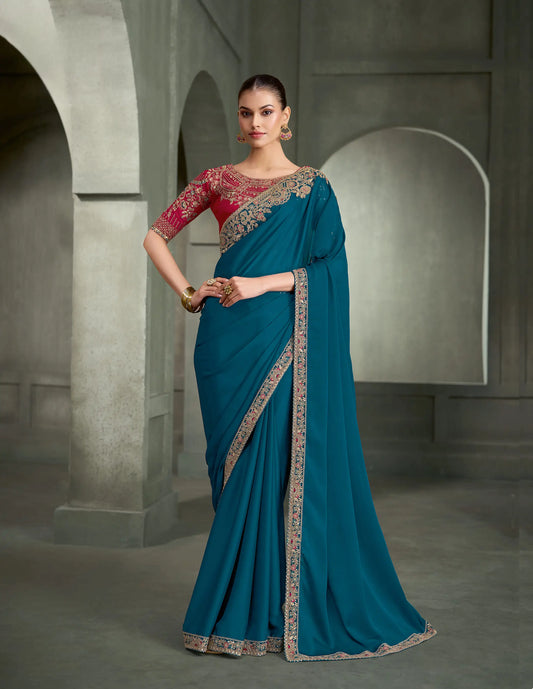 Classic Blue Embroidery Border Saree