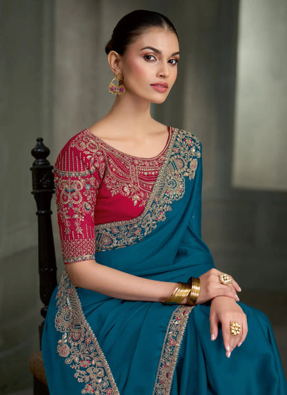Classic Blue Embroidery Border Saree