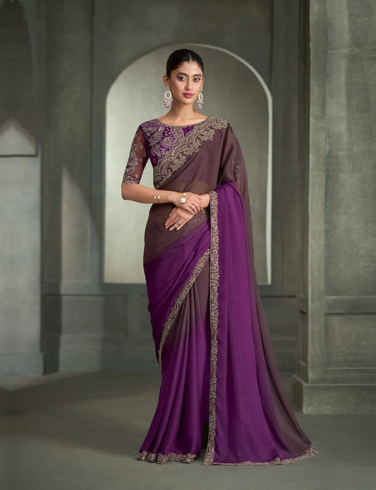 Purple-Brown Embroidery Border Saree