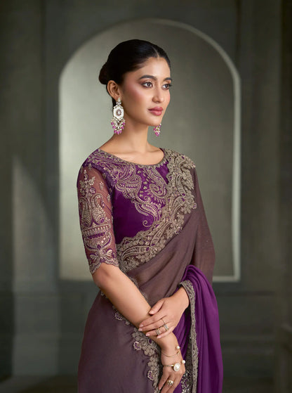 Purple-Brown Embroidery Border Saree