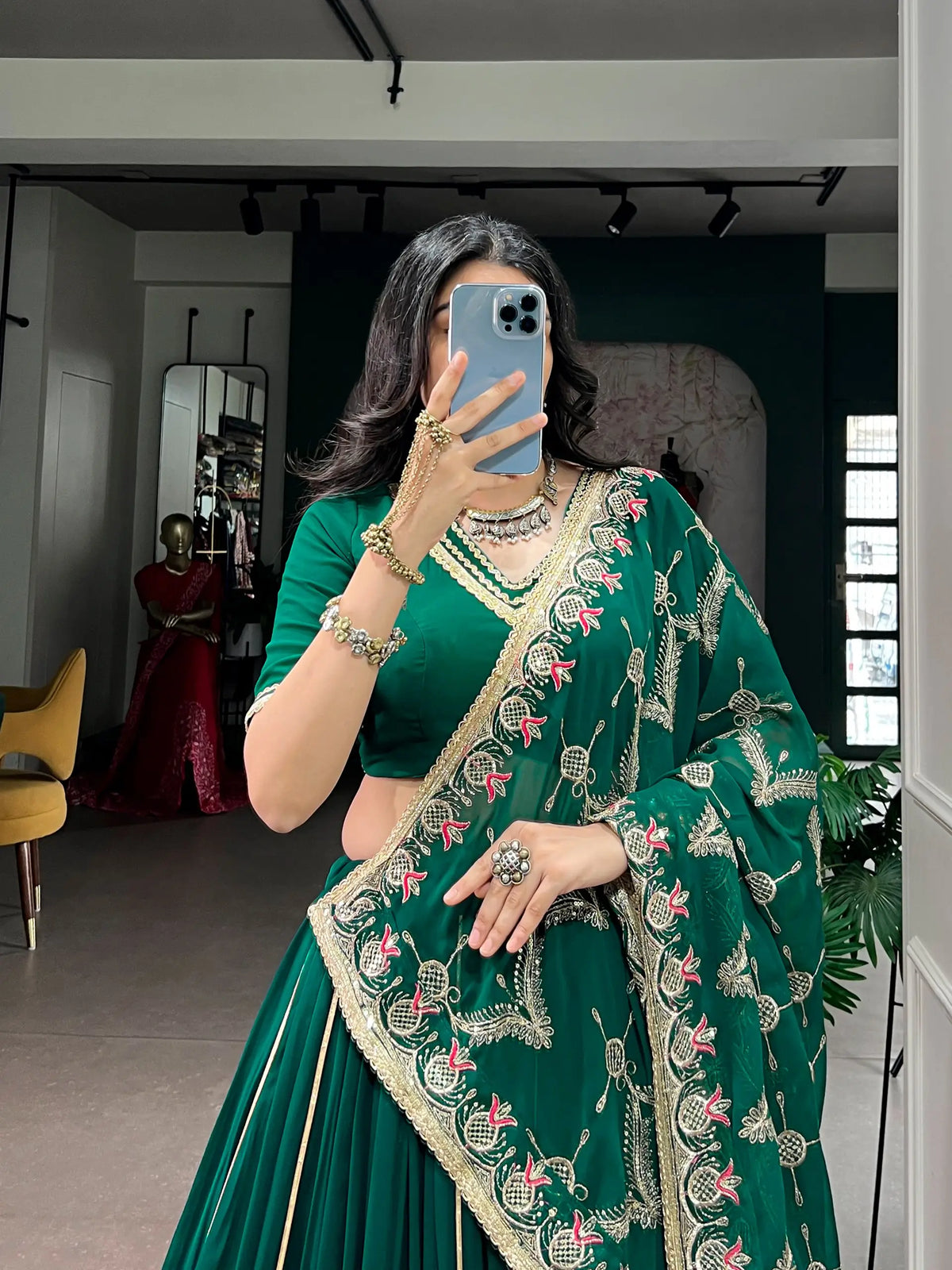 Green Navratri Lehenga With embroidered Dupatta