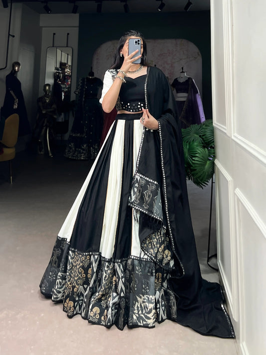 Black Rayon Navratri Lehenga Choli With Print & Mirror Work