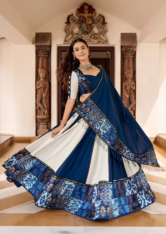 Blue Rayon Navratri Lehenga Choli With Print & Mirror Work