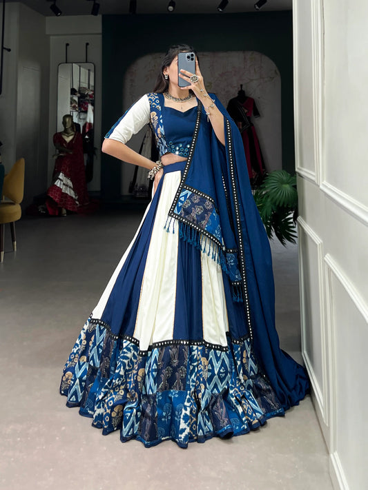 Blue Rayon Navratri Lehenga Choli With Print & Mirror Work