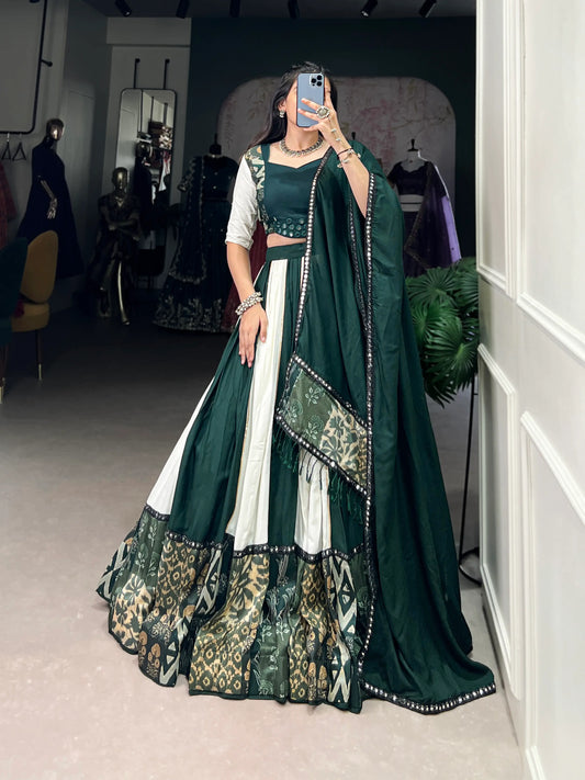 Green Rayon Navratri Lehenga Choli With Print & Mirror Work