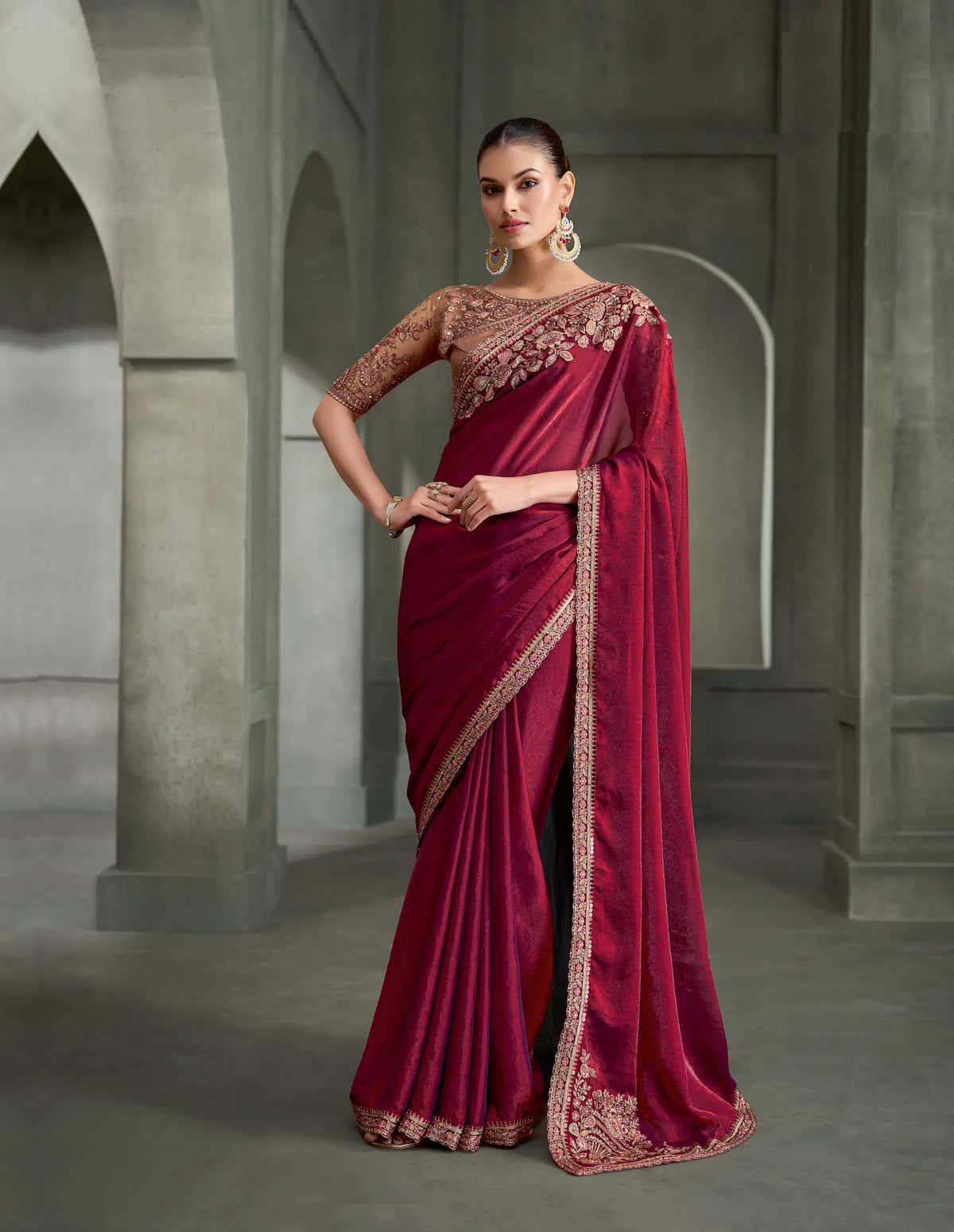 Red Wine Embroidery Border Saree