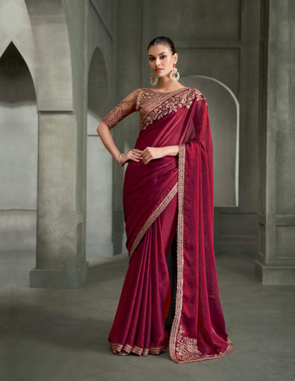 Red Wine Embroidery Border Saree