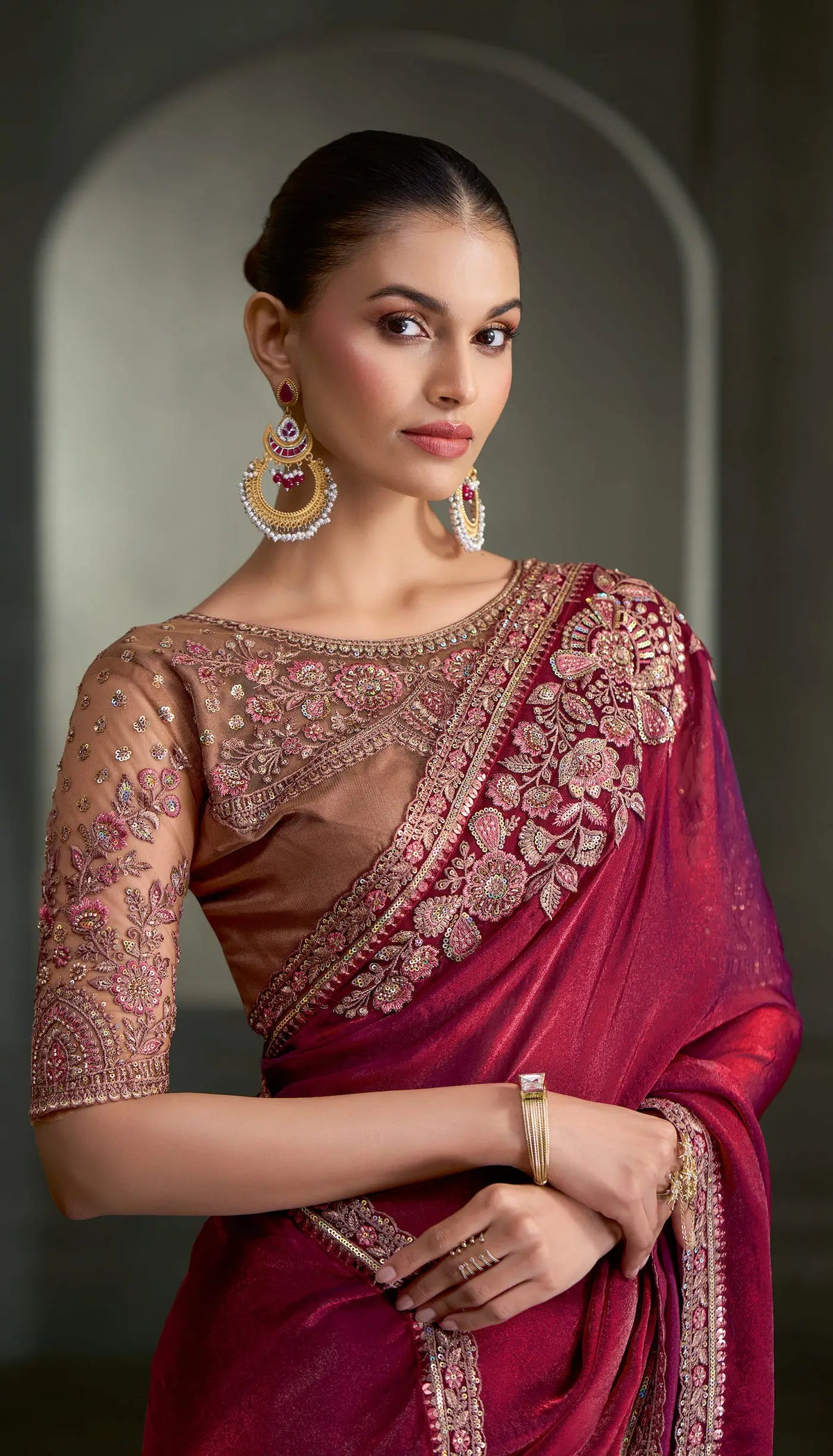 Red Wine Embroidery Border Saree