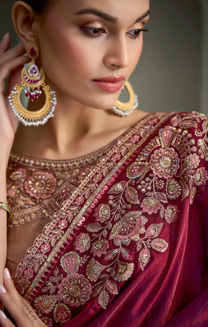 Red Wine Embroidery Border Saree
