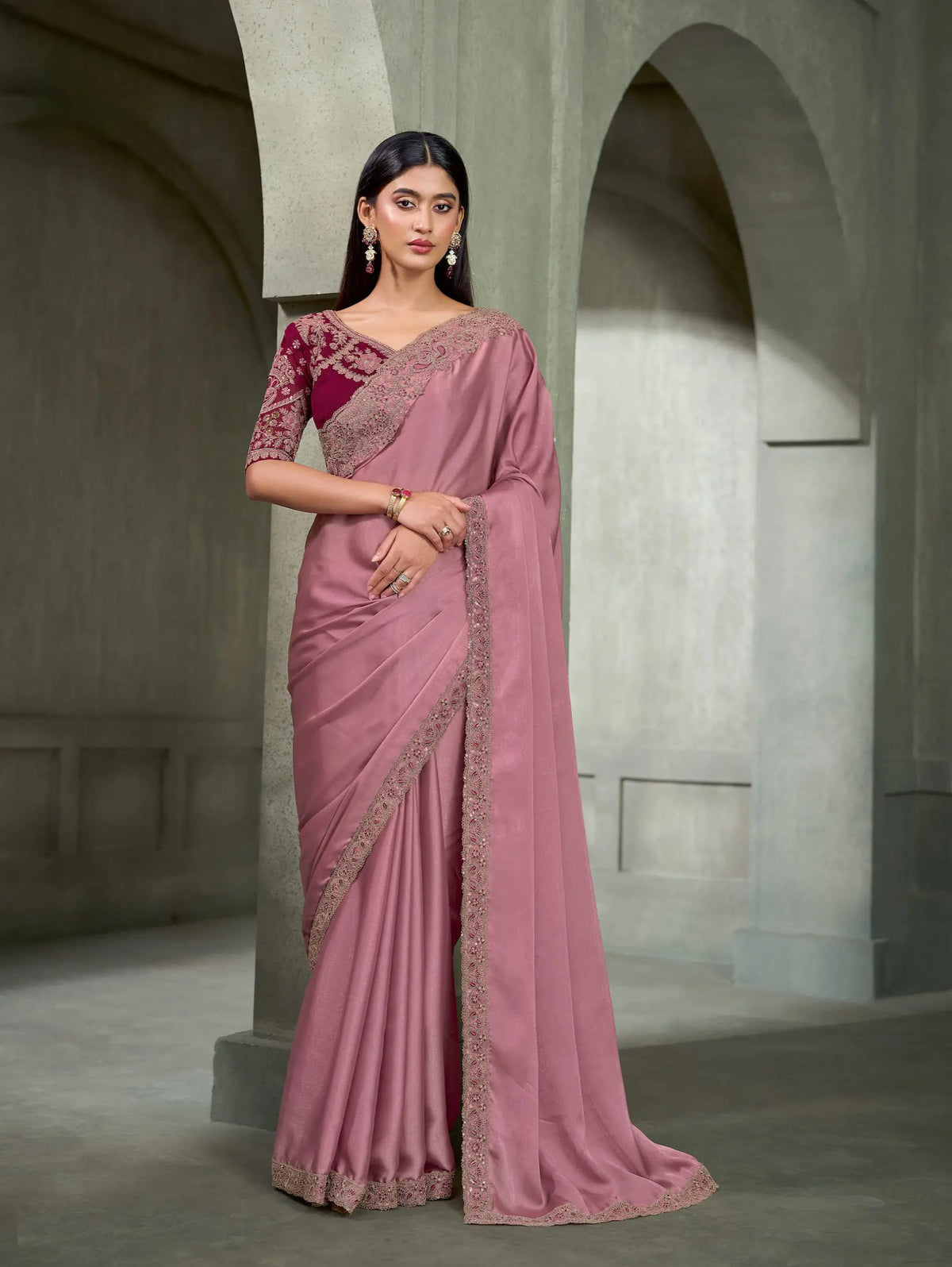 Onion Pink Embroidery Border Saree
