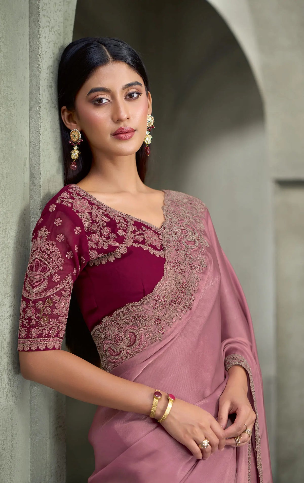 Onion Pink Embroidery Border Saree