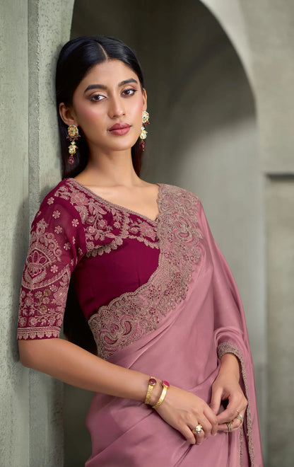 Onion Pink Embroidery Border Saree