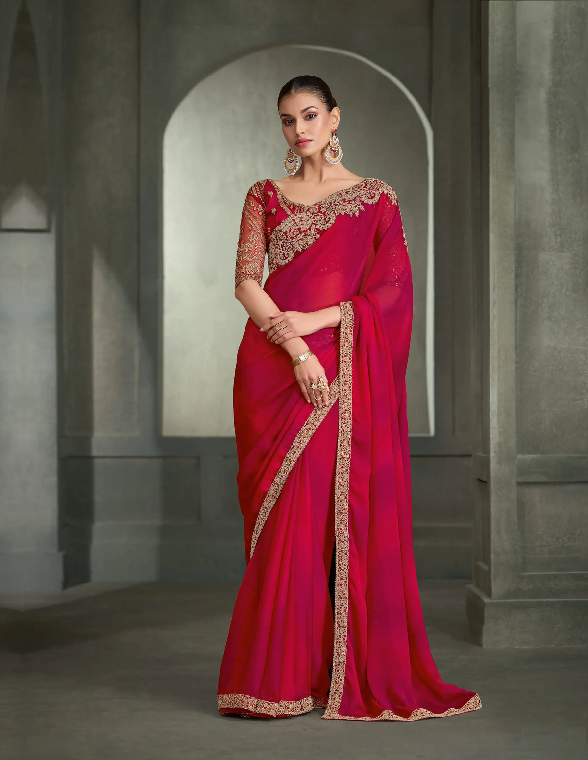 Pink-Red Embroidery Border Saree