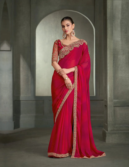 Pink-Red Embroidery Border Saree