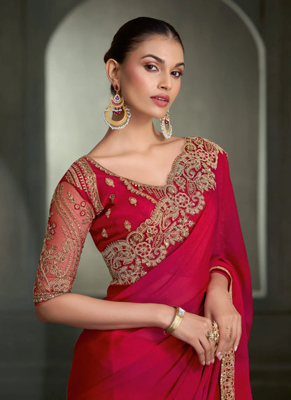 Pink-Red Embroidery Border Saree