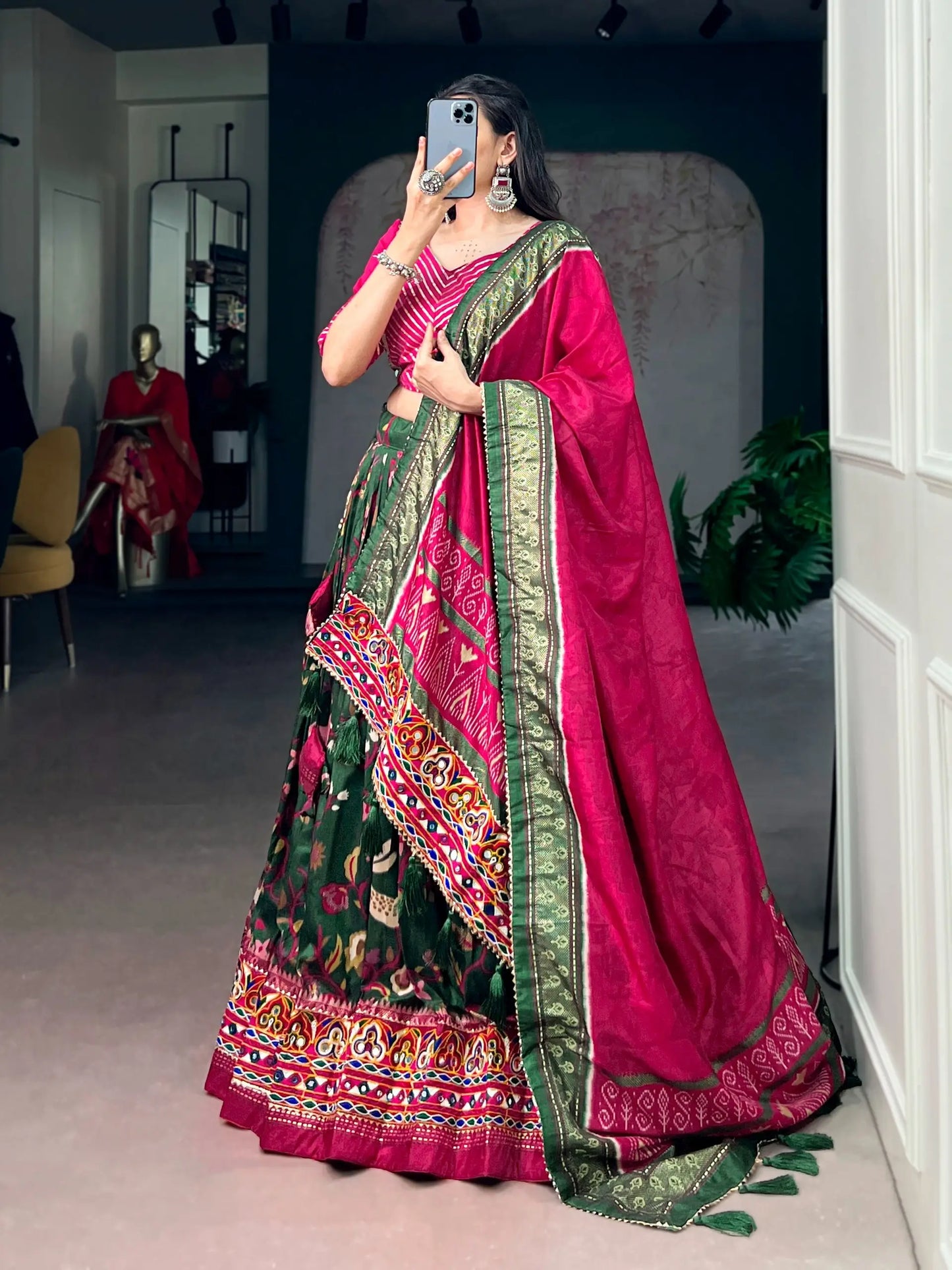 Dark Olive Navratri Lehenga Choli With Gamthi Work