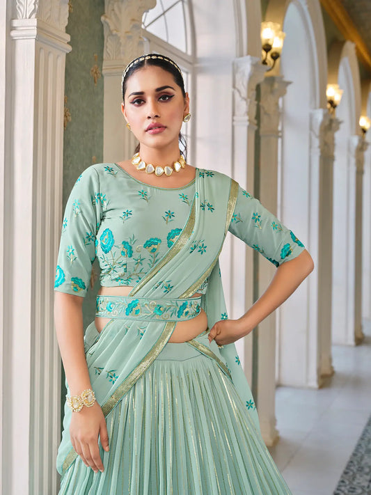 Light Green Georgette Thread with Sequence Embroidery Work Lehenga Choli