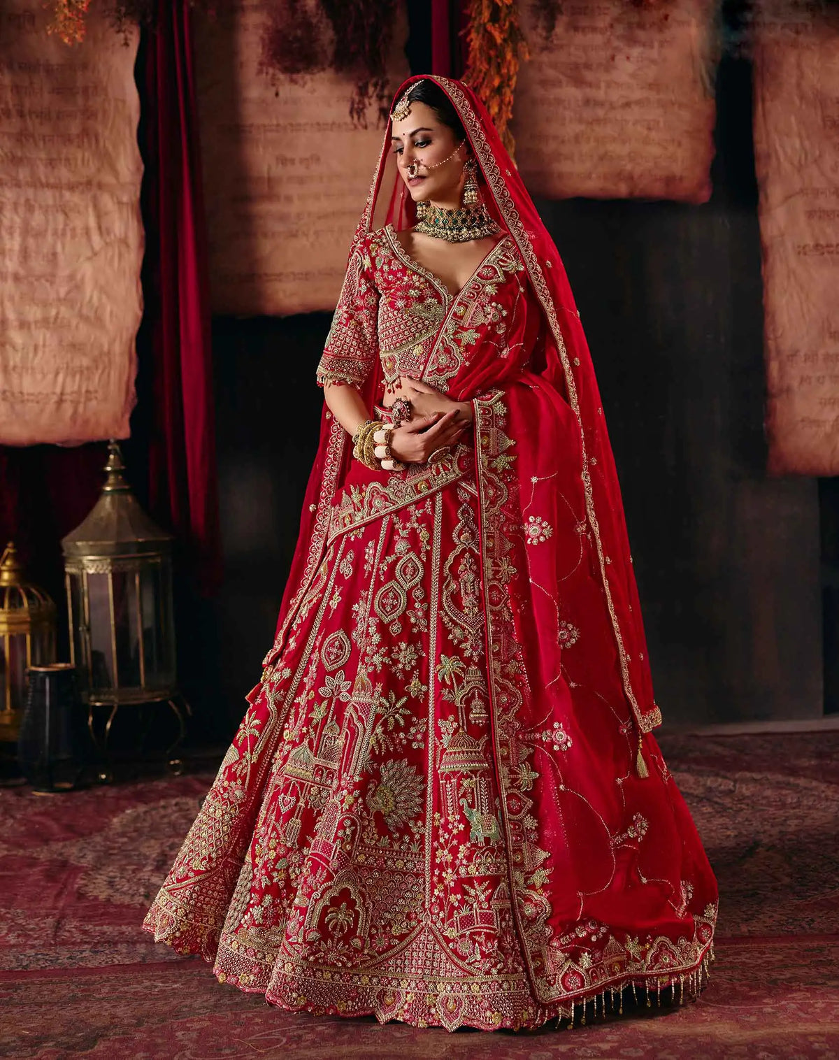 Red Heavy Bridal Lehenga Choli & 2 Dupatta