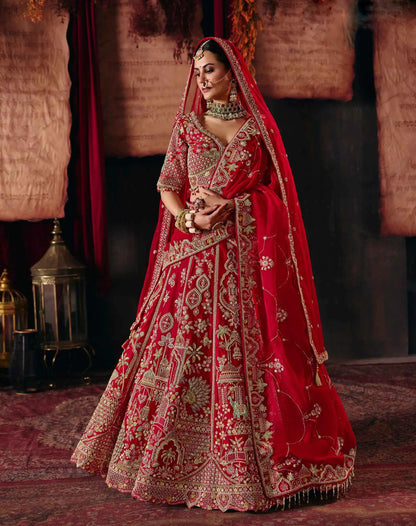 Red Heavy Bridal Lehenga Choli & 2 Dupatta