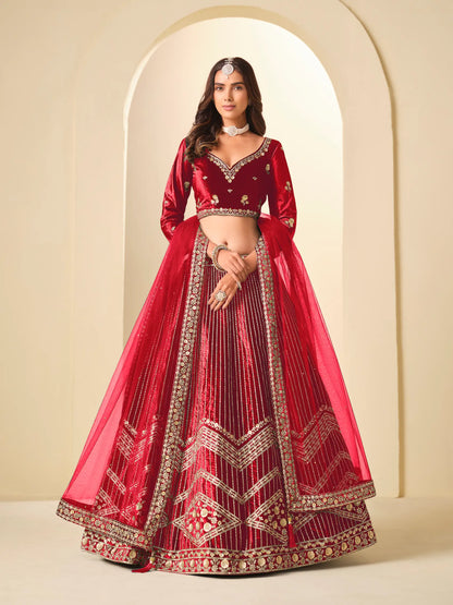 Chili Red Velvet Lehenga Choli With Embroidery