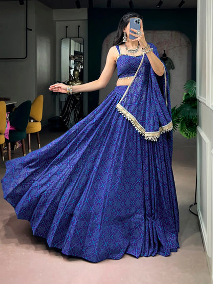 Royal Blue Navratri Lehenga With Bandhej Foil Print