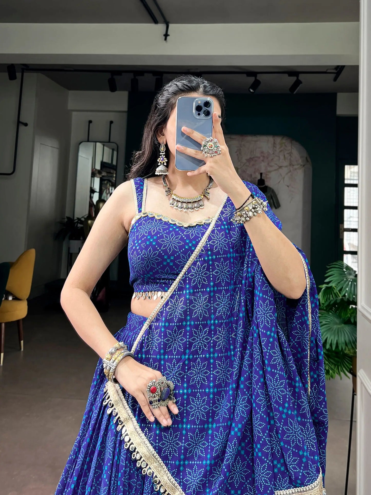 Royal Blue Navratri Lehenga With Bandhej Foil Print