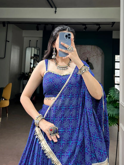 Royal Blue Navratri Lehenga With Bandhej Foil Print