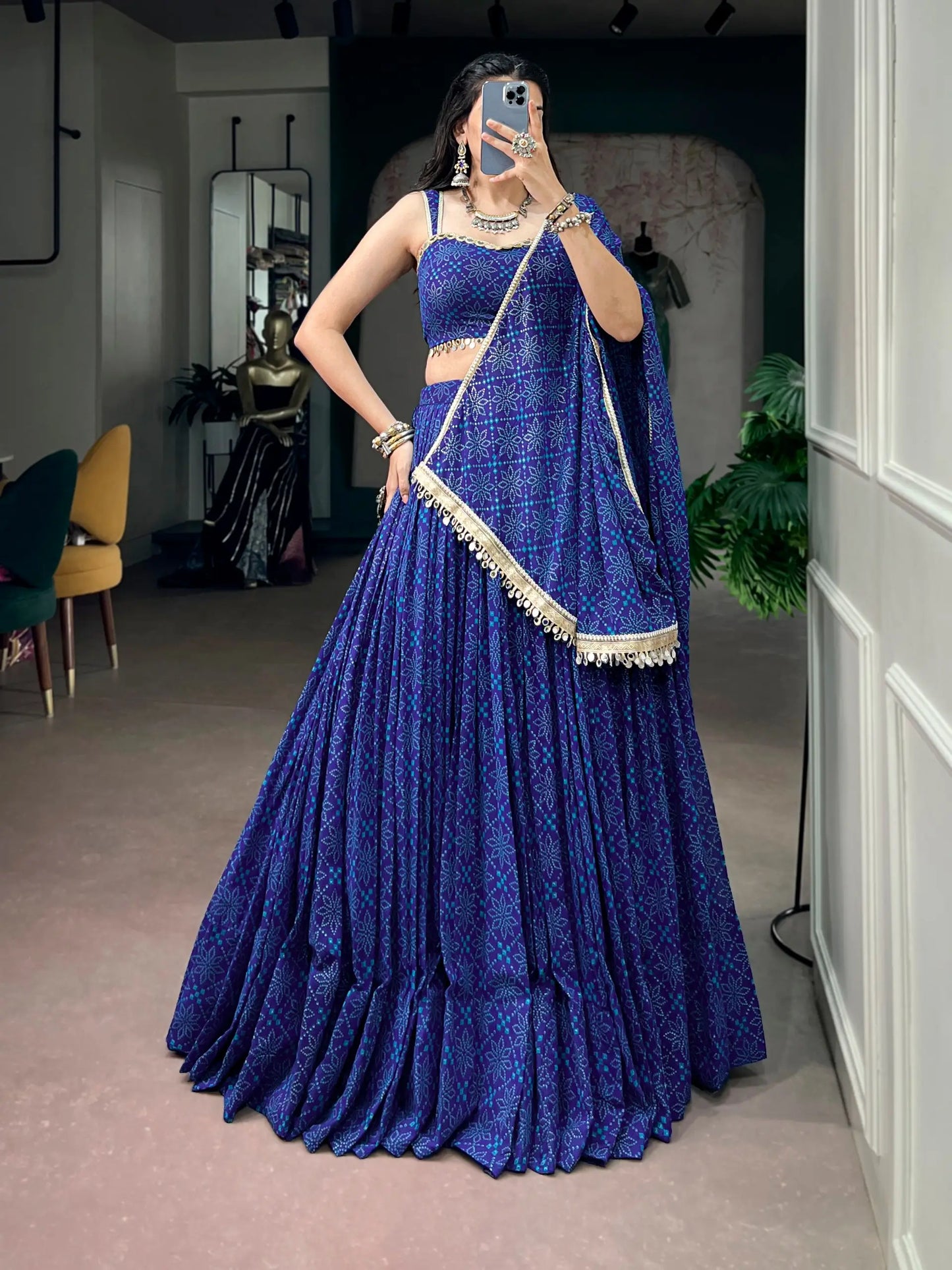 Royal Blue Navratri Lehenga With Bandhej Foil Print