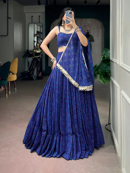 Royal Blue Navratri Lehenga With Bandhej Foil Print