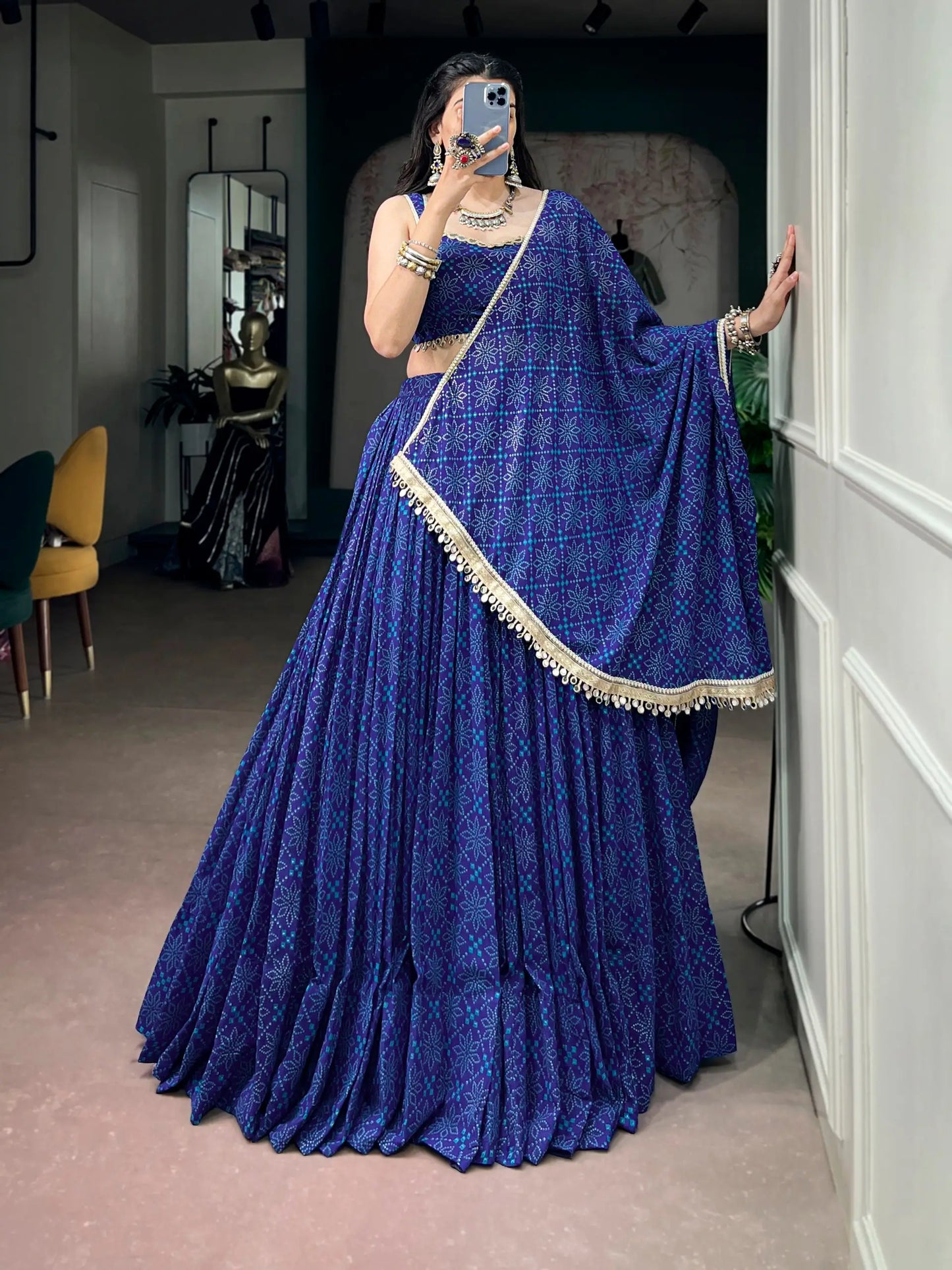 Royal Blue Navratri Lehenga With Bandhej Foil Print