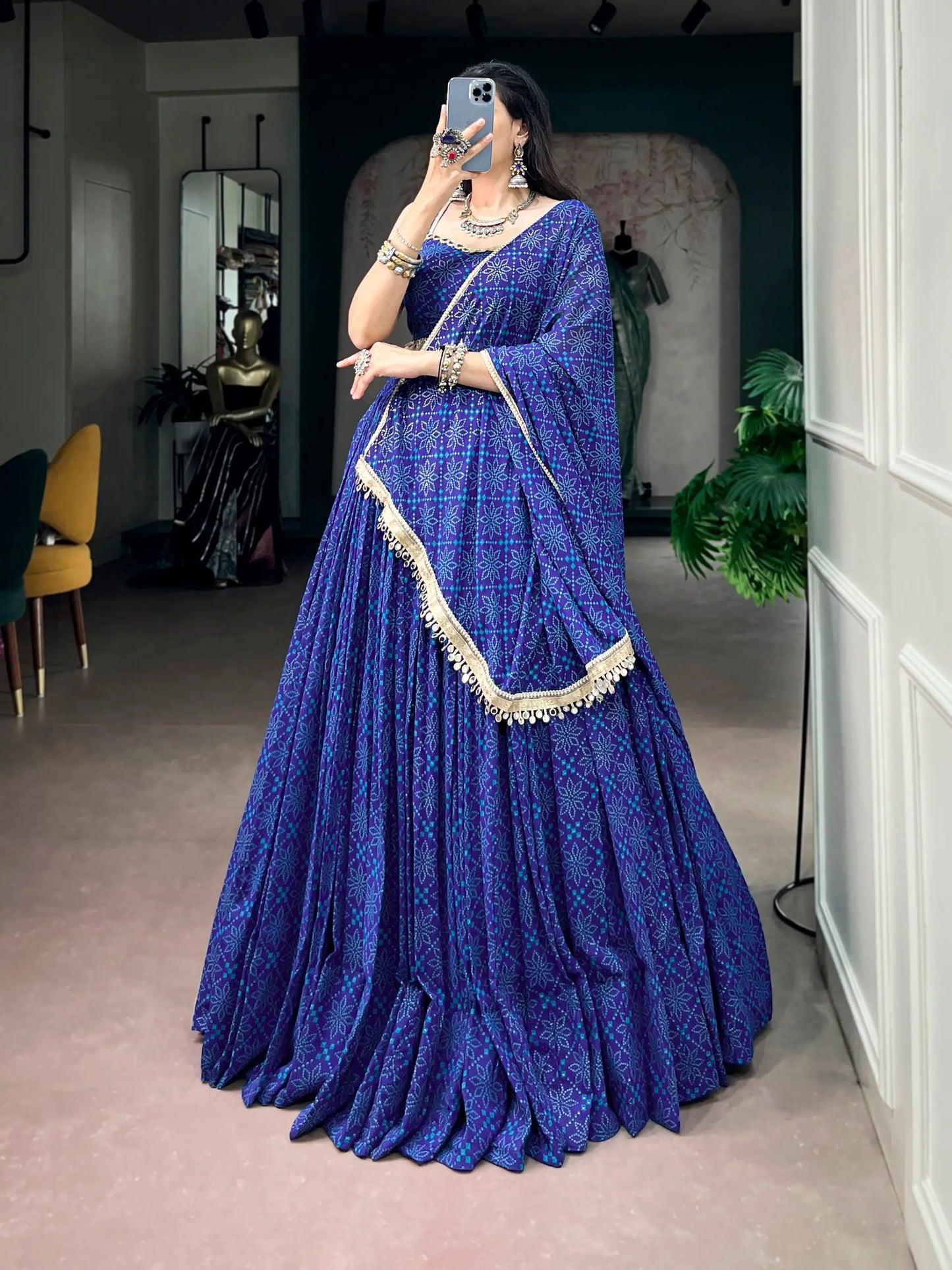 Royal Blue Navratri Lehenga With Bandhej Foil Print