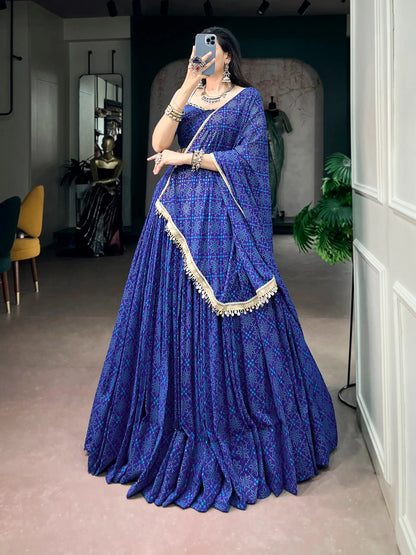 Royal Blue Navratri Lehenga With Bandhej Foil Print