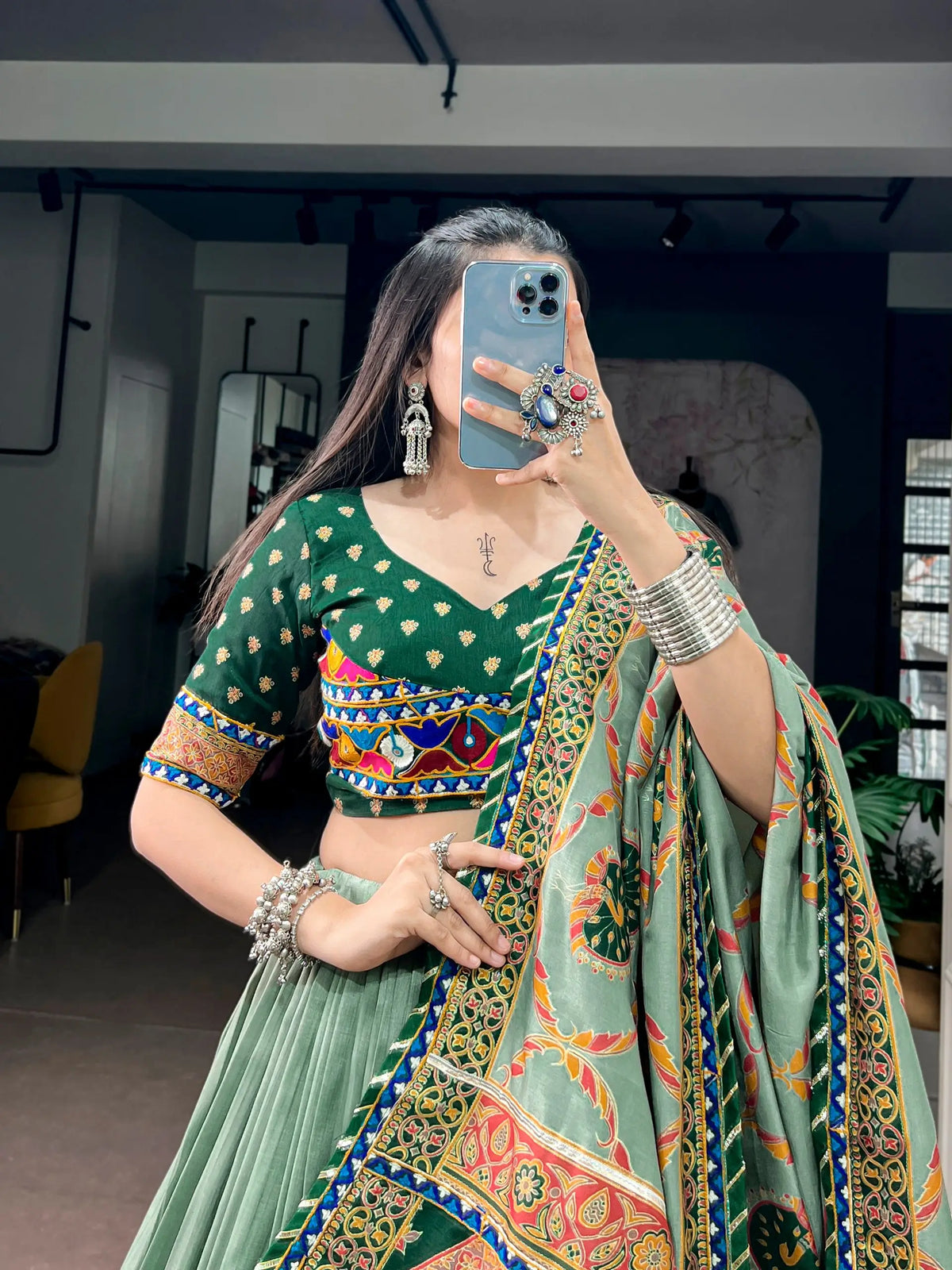 Green Printed Navratri Chaniya Choli