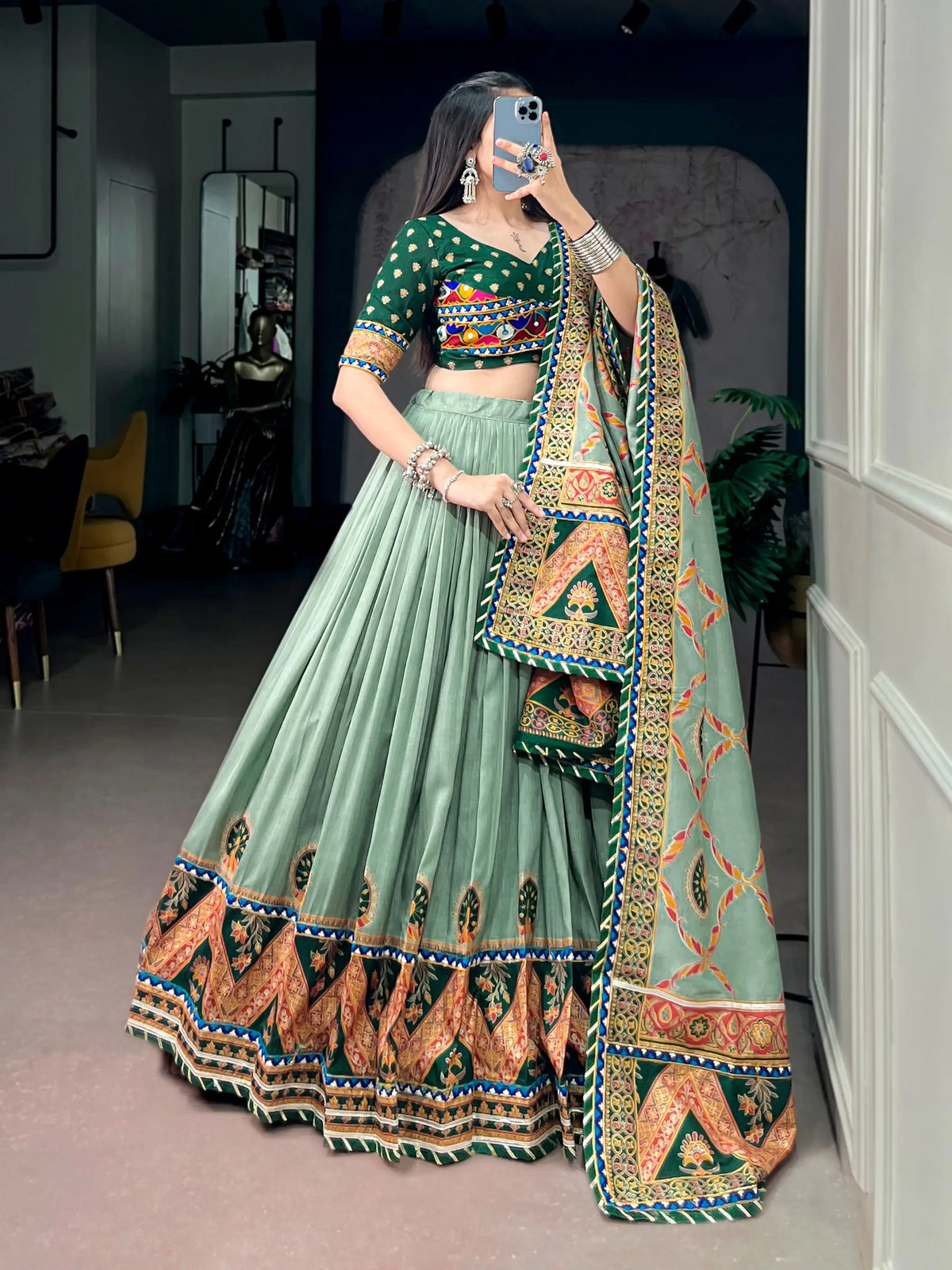 Green Printed Navratri Chaniya Choli