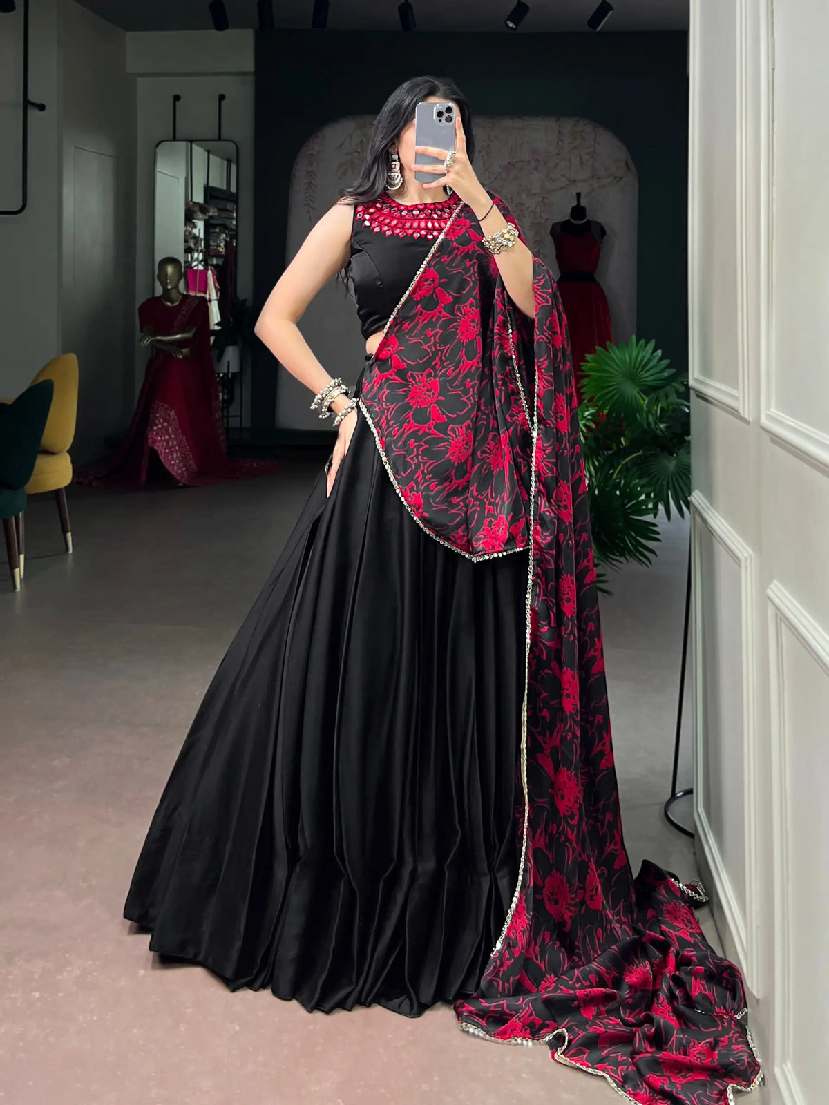 Black Mirror Work Garba Choli With Printed Dupatta