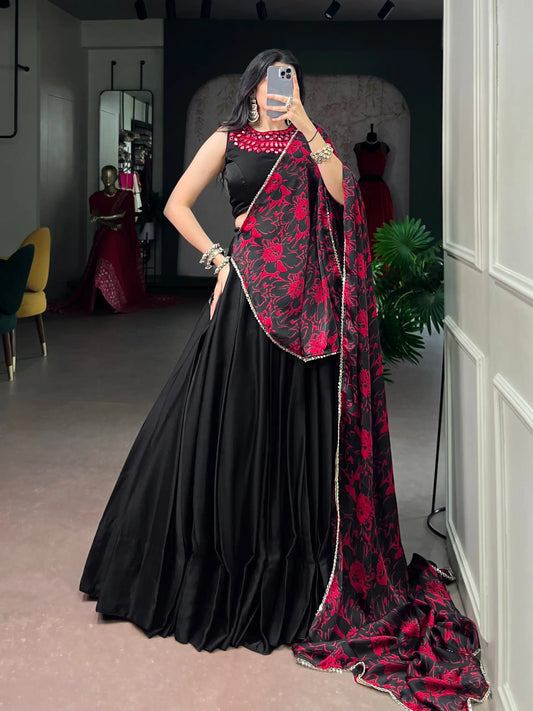 Black Mirror Work Garba Choli With Printed Dupatta