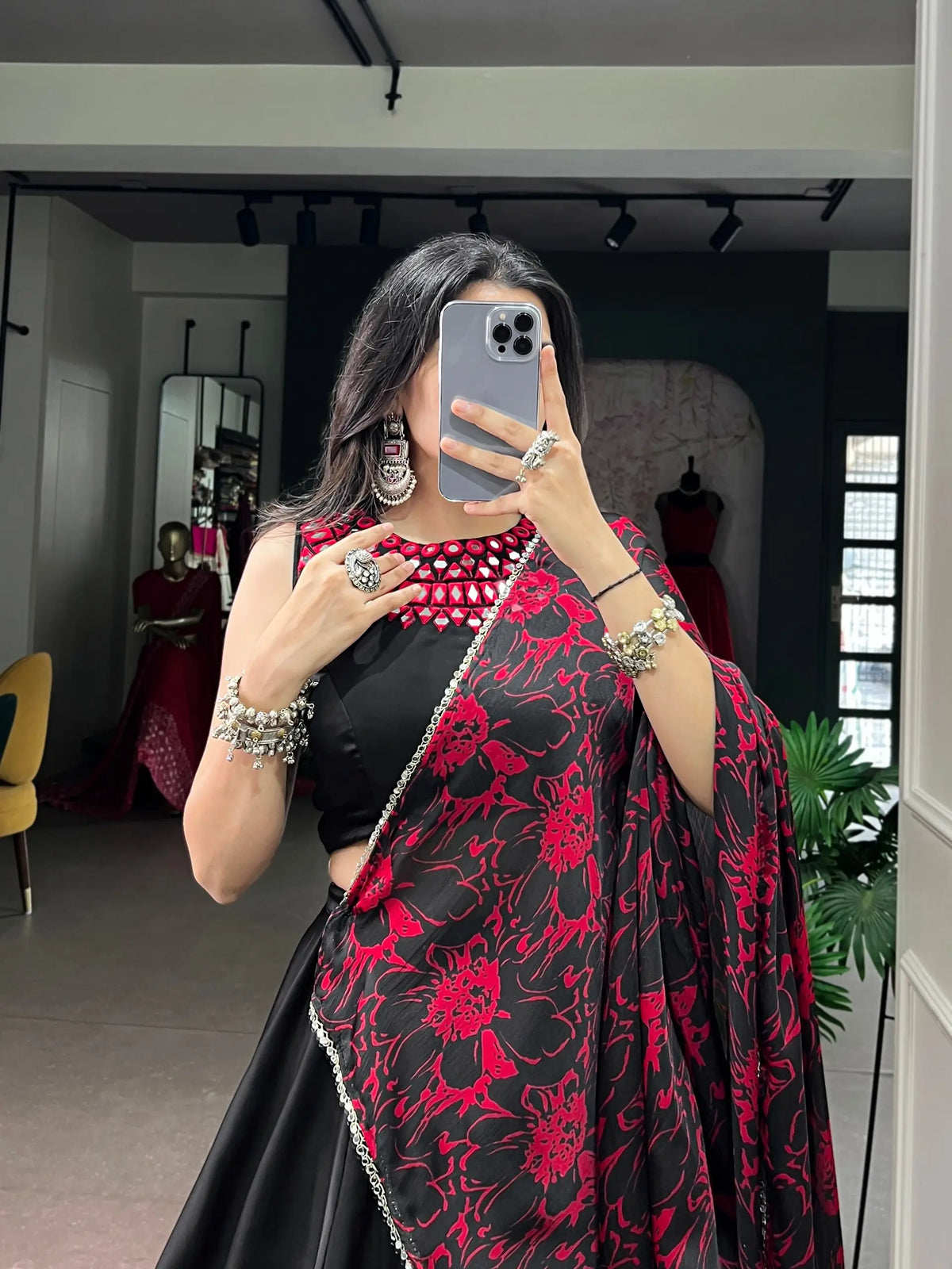 Black Mirror Work Garba Choli With Printed Dupatta
